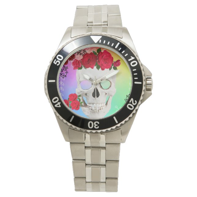 Mikitiez Skull Rose baroqueart Regenbogen Armbanduhr (Vorderseite)