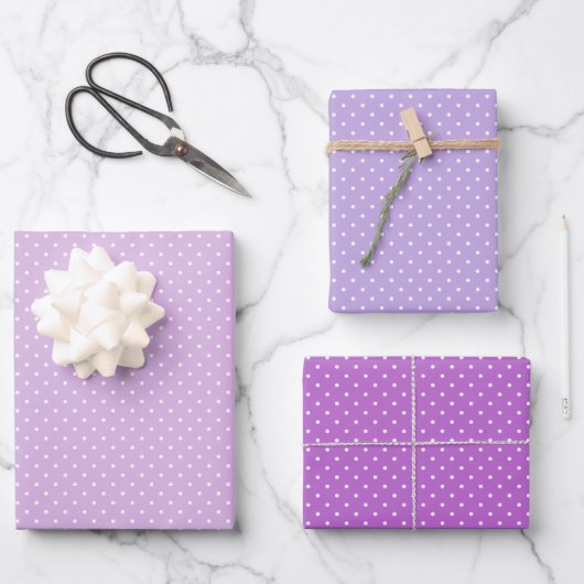 Mikro-Polka-Dot-Weiß - 3 Lila Geschenkpapier Set (Vorderseite)