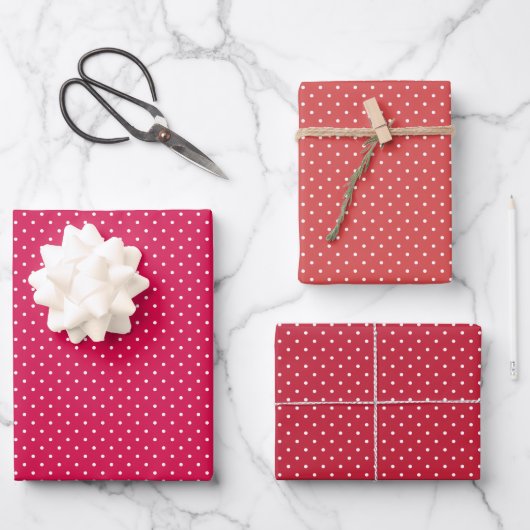 Mikro-Polka-Dot-Weiß - 3 Rot Geschenkpapier Set (Vorderseite)