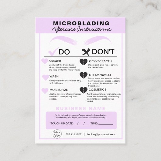 Mikroblading Aftercare Instructions Busine Visitenkarte (Rückseite)