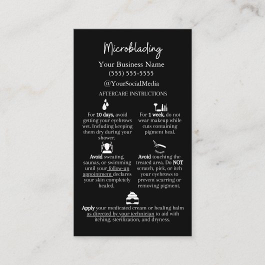 Mikroblading Aftercare und FAQs Instruction Card Visitenkarte (Vorderseite)