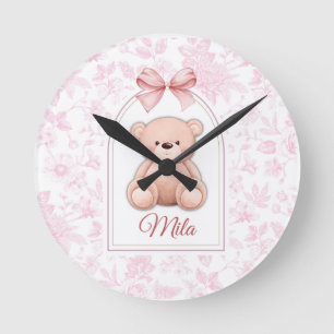 Mila Benutzerdefiniertes rosa Teddy-Bär-Kinderzi Runde Wanduhr