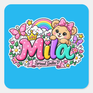 Mila lächelt süßer Teddybär personalisierter Aufkl Quadratischer Aufkleber