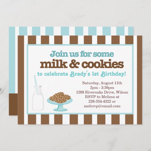 Milch u. Plätzchen-Party (Aqua/Brown) Einladung (Vorne/Hinten)