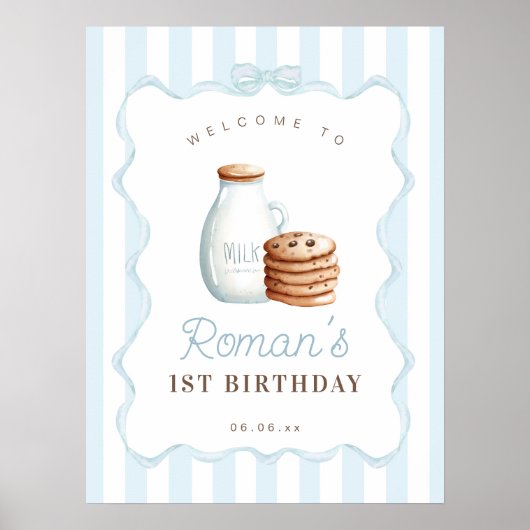 Milch und Cookies Blue Birthday Party Begrüßungsze Poster (Vorne)