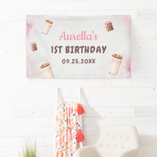 Milch und Cookies Girl First Birthday Party Banner (Insitu)