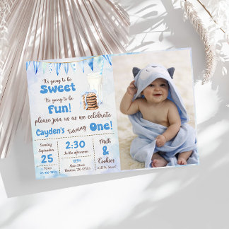 Milch und Cookies Junge erste Geburtstagsparty Fot Einladung