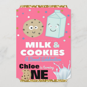Milch und Cookies Pink & Gold Glitzer 1. Geburtst Einladung