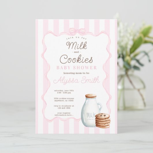 Milch und Cookies Rosa Kinderdusche Einladung (Stehend Vorderseite)