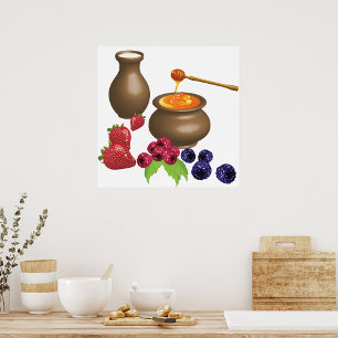 Milch und Honig mit Beeren Rustikale Küche Poster