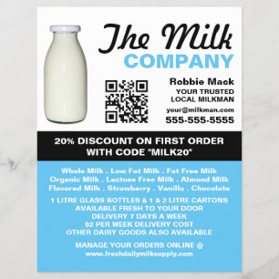 Milchflaschendesign, Milchmann/Frau Lieferung Flyer