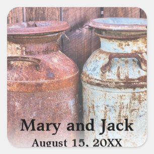 Milchkonserven Land Hochzeit rustikalen alten Baue Quadratischer Aufkleber