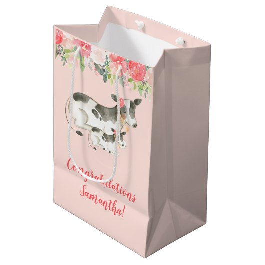 Milchkuh, floral, gelegentlich Geschenktasche Mittlere Geschenktüte (Vorderseite Schrägansicht)