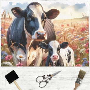 Milchkuh und Kalb Wildblumen Dekoupage Seidenpapier