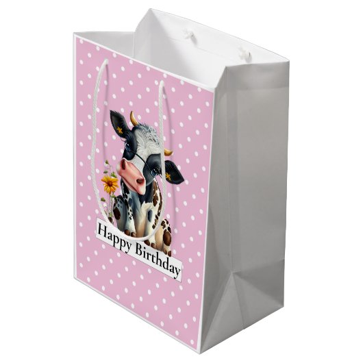 Milchkühe Happy Birthday Pink Mittlere Geschenktüte (Rückseite Schrägansicht)