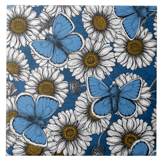 Milchprodukte, weiße Blume und blaue Schmetterling Fliese (Vorderseite)