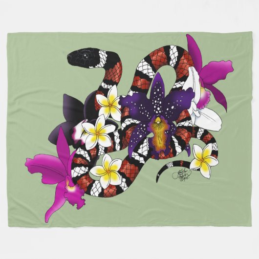 Milchschlange Exotische Florale Grün Fleecedecke (Vorderseite (Horizontal))