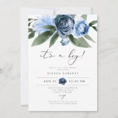 MILENA Dusty Blue Floral Garden Baby Dusche Einladung (Vorderseite)
