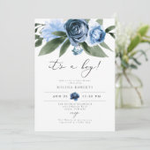 MILENA Dusty Blue Floral Garden Baby Dusche Einladung (Stehend Vorderseite)