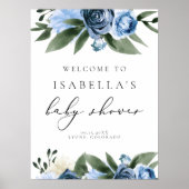 MILENA Dusty Blue Slate Floral Baby Dusche Willkom Poster (Vorne)