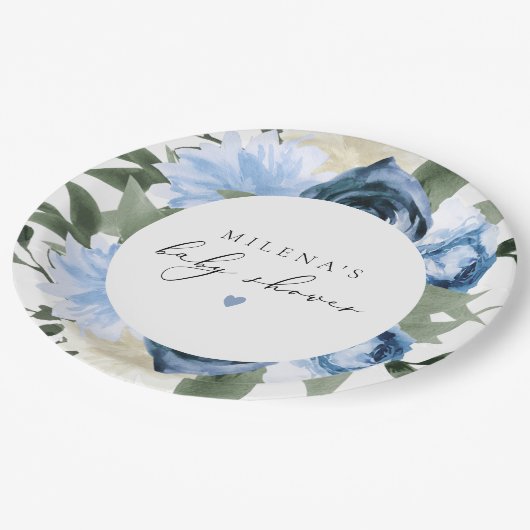 MILENA Dusty Blue Slate Floral Boy Baby Dusche Pappteller (Schrägansicht)