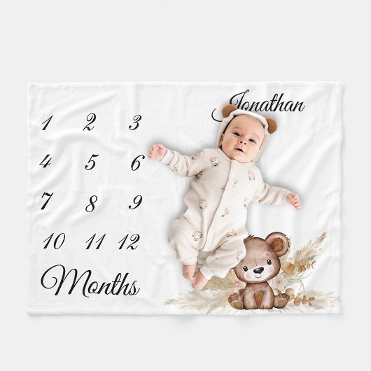Milestone Boho Baby Bear Pampas Grass Fleecedecke