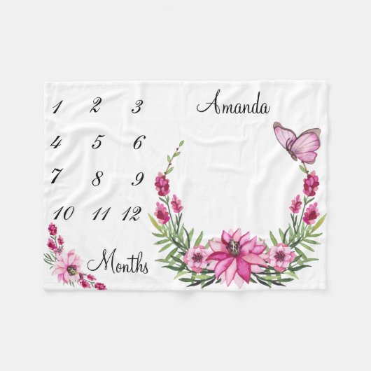 Milestone Pink Wreath Baby Keepake Fleecedecke (Vorderseite (Horizontal))