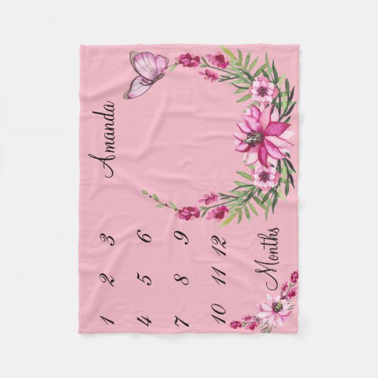 Milestone Pink Wreath Baby Keepake Fleecedecke (Vorderseite)