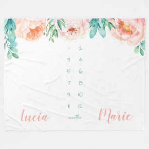 Milestone Zwillingsbaby Girl Aquarell Blume pfirsi Fleecedecke