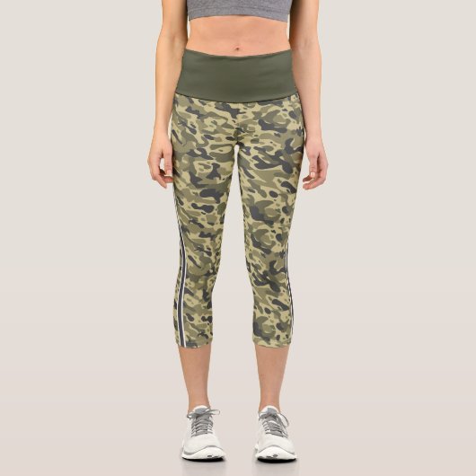 Militär-Grün-Tarnung weiß & grau Streifen Capri Leggings (Vorderseite)