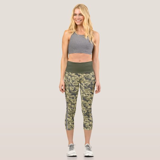 Militär-Grün-Tarnung weiß & grau Streifen Capri Leggings (Vorderseite)