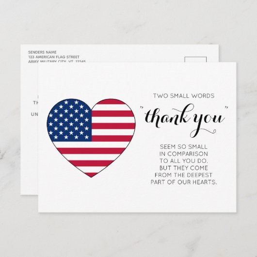 Militär Patriotic Heart American Flag Vielen Dank Postkarte (Vorne/Hinten)