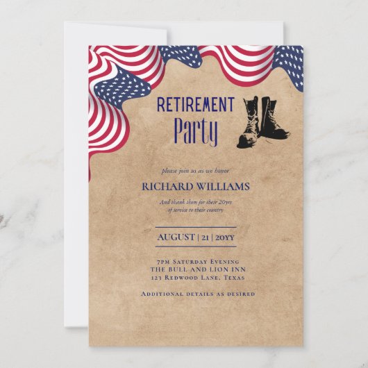 MILITÄRISCHE RETIREMENT Patriotic US FLAG Rustikal Einladung (Vorderseite)