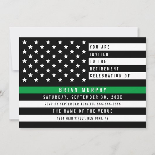Militärisches Thin Green Line American Flag Retire Einladung (Vorderseite)