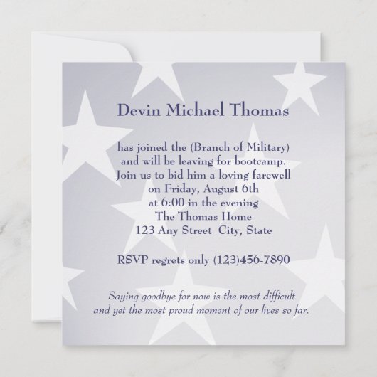 Militärisches Weggehen des Party Einladung (Rückseite)