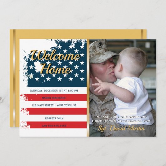 Militärisches Welcome Zuhause Party Flag Foto Einl Einladung (Vorne/Hinten)