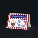Militärtochter-Geburtstags-Karte Karte<br><div class="desc">Diese patriotische Geburtstags-Karte lässt Ihre Militärtochter lächeln. Sie kennzeichnet einen roten und weißen gestreiften Hintergrund, Schokoladenkleinen kuchen mit Sternen, amerikanische Flaggen, ein Flaggenherz und eine Kerze, Rot-, weißen u. Blauensterne, eine Erkennungsmarke, die mit "USA" geprägt werden und eine blaue Fahne mit dem Text "alles Gute zum Geburtstag" im Weiß. Erkennungsmarken...</div>