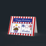 Military Brother Birthday Card Karte<br><div class="desc">This Patriotic Birthday Card will make your military Brother smile. This colorful card feature a red and white striped background, chocolate cupcake with stars, American Flags, a flag heart and a candle, red, white & blue stars, a dog tag embossed with "USA" und a blue banner with text "Happy Birthday"...</div>