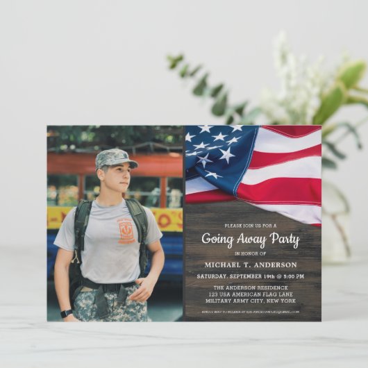 Military Goway Party Patriotic USA Flag Foto Einladung (Stehend Vorderseite)