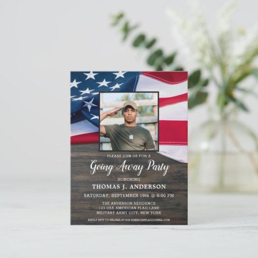 Military Goway Party Patriotic USA Flag Foto Einladungspostkarte (Stehend Vorderseite)