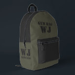 Military Green Gym Bag Custom Name Bedruckter Rucksack<br><div class="desc">Sleek and customizable backpack design with minimalist text reading "Gym Bag" and personalized name option. The bag features a stylish combination of military green and dark gray,  making it the perfect gift for a friend who appreciates personalized items.</div>