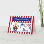 Military Mom Birthday Card Karte<br><div class="desc">This Patriotic Birthday Card will make your military Mom smile. It features a red and white striped background, chocolate cupcake with stars, American Flags, a flag heart and a candle, red, white & blue stars, a dog tag embossed with "USA" and a blue banner with the text "Happy Birthday" in...</div>