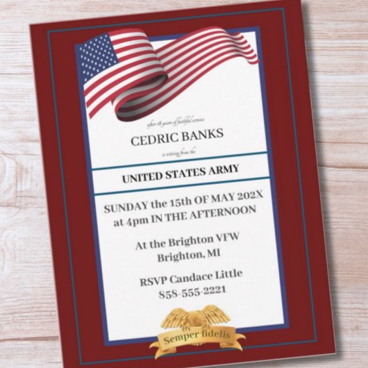 Military Retirement Invitation Flag Gold Crest Postkarte