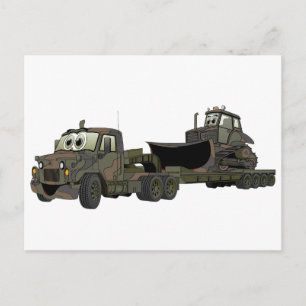 Military Semi Bulldozer Flatbed Cartoon Postkarte