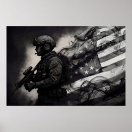 Military Smoke Ink American Flag Black & White Art Poster
