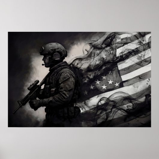 Military Smoke Ink American Flag Black & White Art Poster (Vorne)