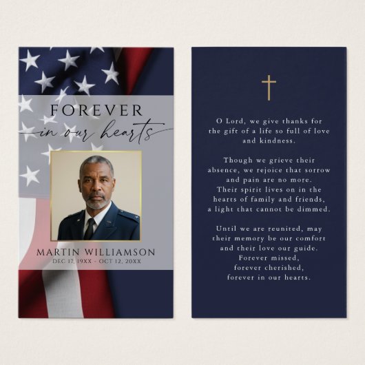 Military USA Flag Photo Cross Funeral Prayer Card (Vorne & Hinten)