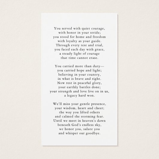 Military USA Flag Photo Memorial Prayer Card (Rückseite)