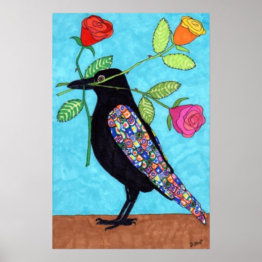 Millefiori Crow mit farbenfrohen Rose Poster (Vorne)