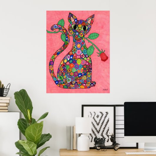 Millefiori Katze mit Rote Rose Poster (Heimbüro)